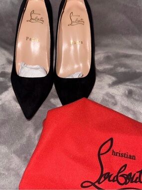 Christian Louboutin Black Pointed-Toe Suede Pumps with Red Dust Bag